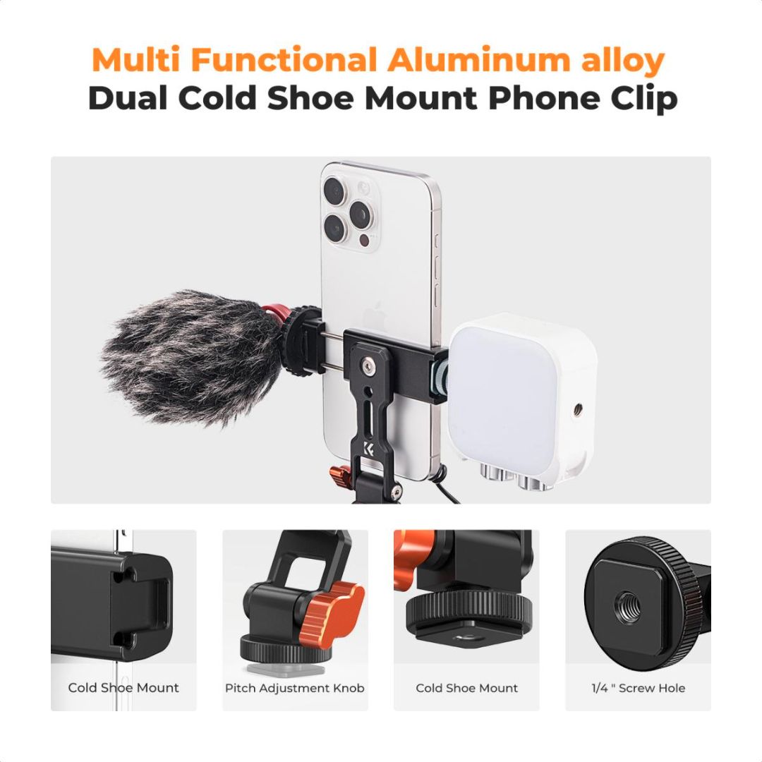 K&F Concept Metal Phone Tripod Mount, Universal Smartphone Stand with 2 Cold Shoe Mount KF31.094 - 2